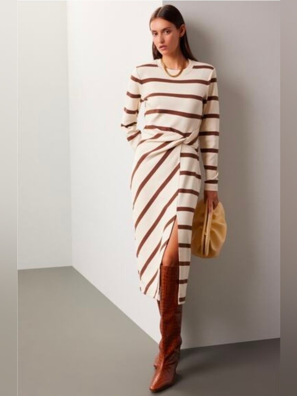 Tanya Taylor Cody Cream and Brown Striped Long Sleeve Knot Dress